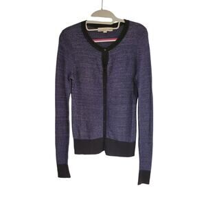 Women's LOFT Blue Silver Black Shimmer Sweater Button Up Cardigan | Size XS